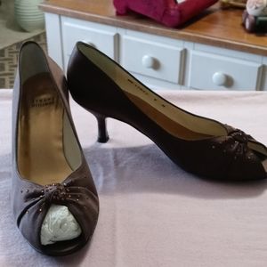 Stuart Weitzman Brown Satin Peep Toe Pump
